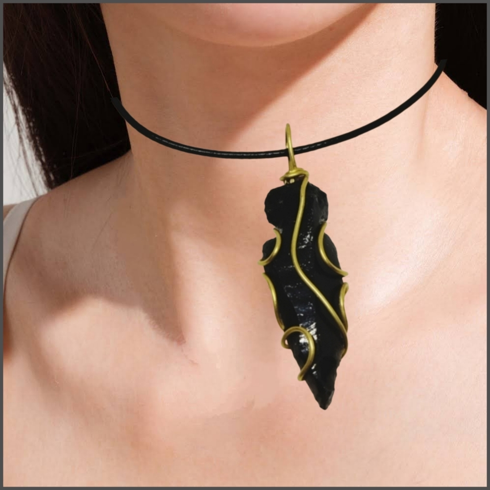 Hand Wired Obsidian Arrowhead Pendant with Black Cord Necklace. NWOT